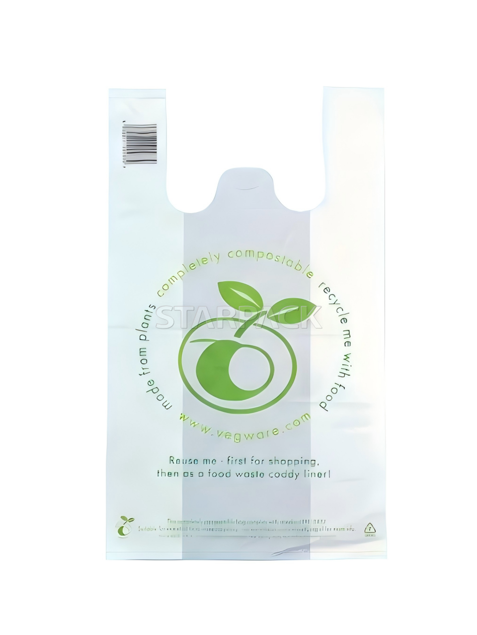 Bolsas tipo camiseta con asas 100 % compostables y biodegradables